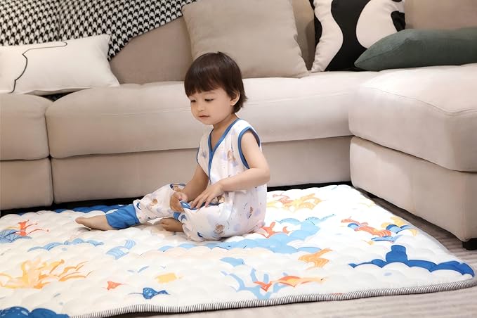 TADO MUSLIN Baby Play Mat 50x50 Inch, Thickened Soft Floor Mat for Playpen, Machine Washable Foam Crawling Mat with Non-Slip Bottom for Babies and Toddlers, Foldable Padded Playmat