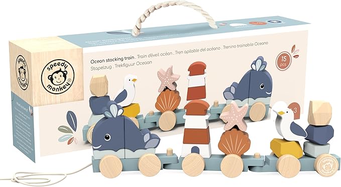 SPEEDY MONKEY Ocean Train Stacker for Toddlers 12m+ | Wooden 15 Piece Stacking & Sorting Toy | Seaside-Themed Train Pull Along for Walking & Crawling | Fine Motor & Early Learning Gift for Kids