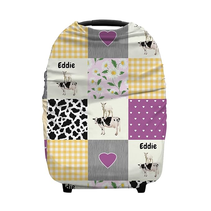 Personalized Farm Cow and Flower Baby Car Seat Covers with Name, Custom Nursing Cover Breastfeeding for Babies, Carseat Canopy for Boys and Girls, Infant Stroller Cover, Breathable Carseats Cover