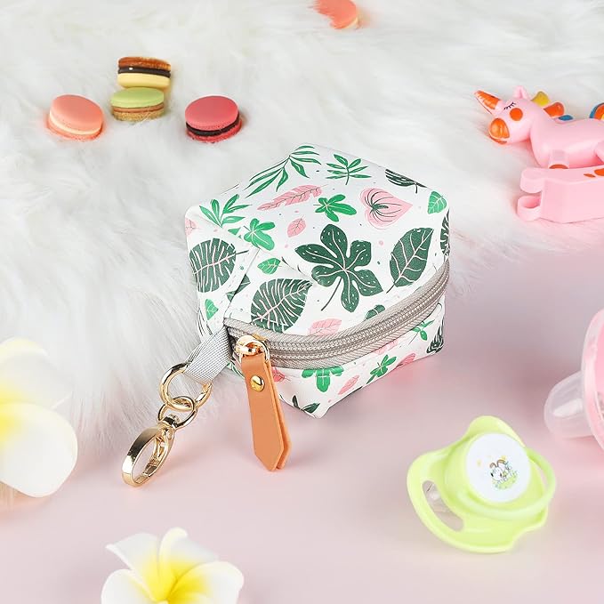Baby Pacifier Case with Clip, Baby Pacifier Holder Pouch Box for Diaper Bag, Holds 2 Pacifiers for Travel Outdoor Activities, Small Baby Utensils,Green Leaf