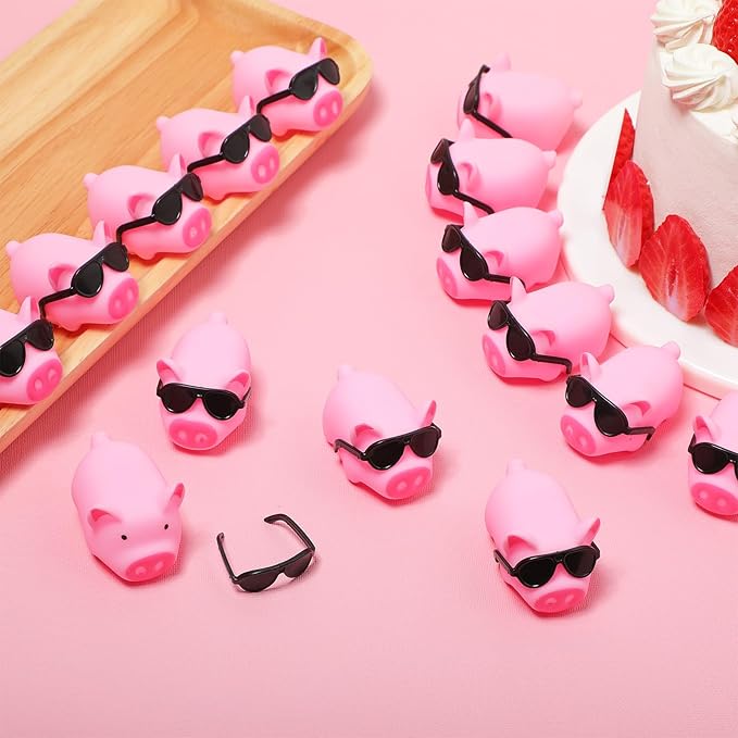 Liliful 200 Sets Mini Rubber Pig Bath Toy with Sunglasses Pink Float and Squeak Pig Bathtub Toys for Baby Shower Halloween Christmas Birthday Party Supplies