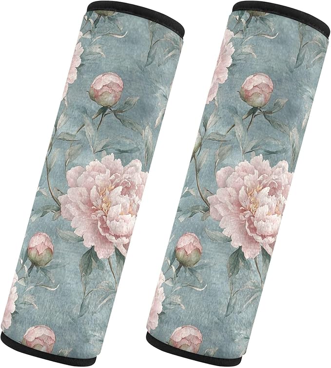 CHIFIGNO Pack of 2 Seat Belt Cover Pad Pink Peonies Blue Leaves Seatbelt Covers Soft Car Seat Shoulder Pads for Adults Kids Women Men