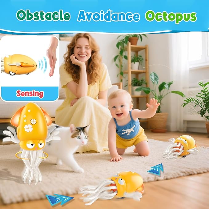 Electric Dancing Crawling Octopus Baby Toy,Squid Tummy Time Toy for Kids Baby,Automatic Evasion,with LED Lights & Music,Birthday Gift.