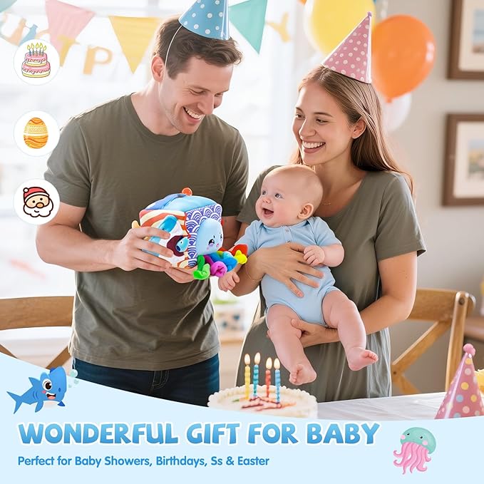 SAIMAND Baby Toys 6-12 Months–Mystery Soft Box with 5 Plush Marine Animals,Rattle,Crinkle Paper & Mirror–Montessori Sensory Toys for 6 Month Old Babies 1-3 Year Old Boy Girl Birthday
