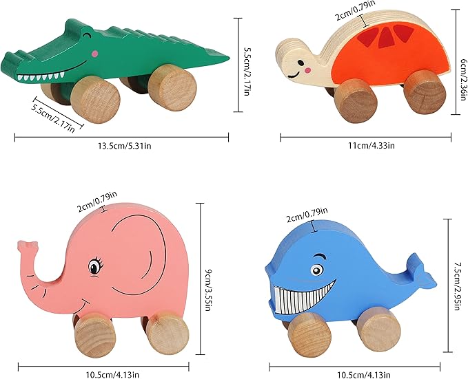 TOWO Wooden Cars for Toddlers - Animals on Wheels - Vehicles Sensory Grasping Motor Skill Toy –Push and Go First Trucks for Baby 12 Months 1 Year Old