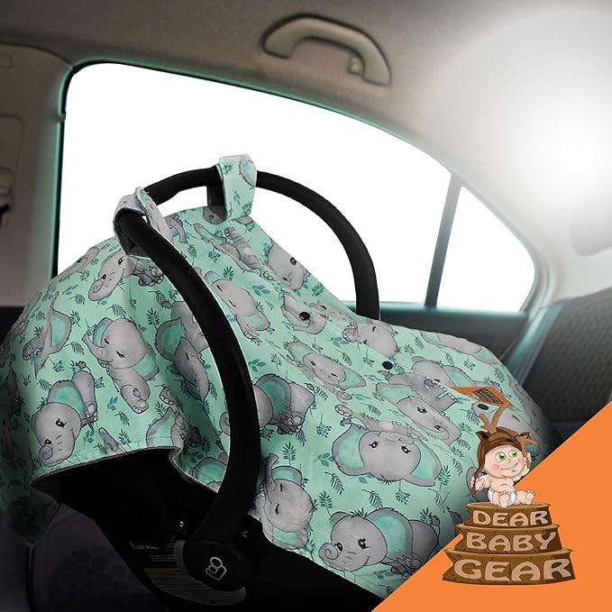 Dear Baby Gear Car Seat Cover for Boys & Girls - Baby Carseat Canopy w/Snap Opening - Infant Seat Cover - Nursing Covers - Newborn Carrier Canopy - 40x30 (Gray Elephants on Mint Foliage - Gray)