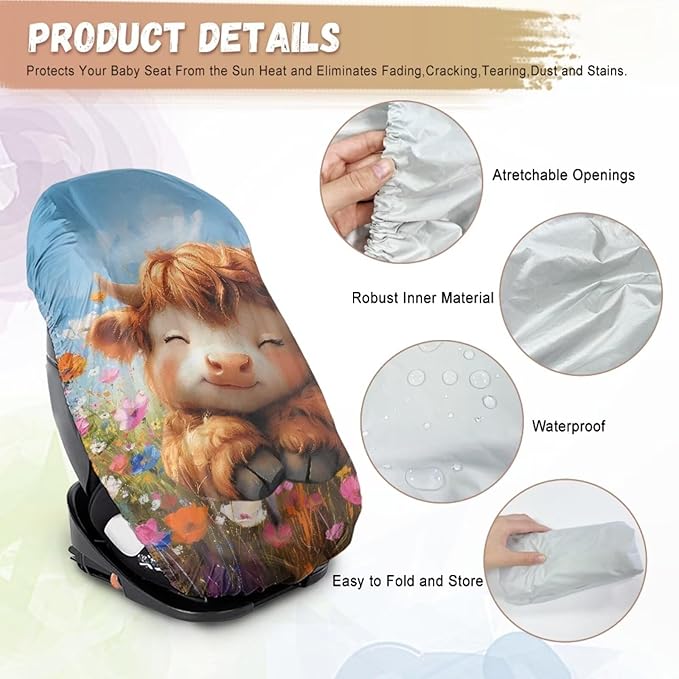 XYZCANDO Baby Highland Cow Infant Car Seat Cover Cartoon Summer Carseat Cover Protect from Sun/Hot Days Portable Baby Car Seat Shade Cover Elastic Infant Car Seat Protector Gift for Her