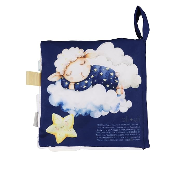 Ali+Oli Baby Cloth Book – Soft Sensory Crinkle Book with Teether for Infants 0-12 Months – Early Learning Touch & Feel Tummy Time Toy – Newborn Shower Gift for Boys & Girls - Good Night
