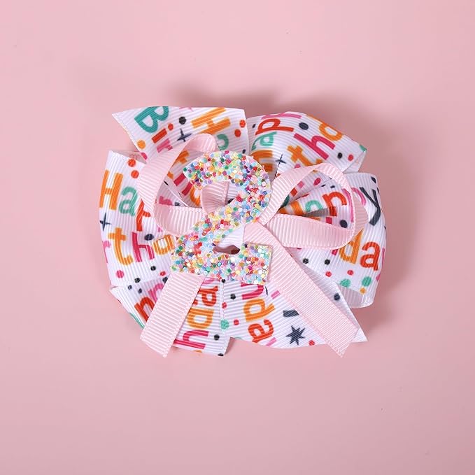 3.5" Glitter Happy Birthday Hair Bow Clips for Baby Girls 1 2 3 4 5 Years Cute Pink Sprinkle Confetti Ice Cream Party Dress Pigtail Decoration Accessories Gift for Her 2nd Birthday