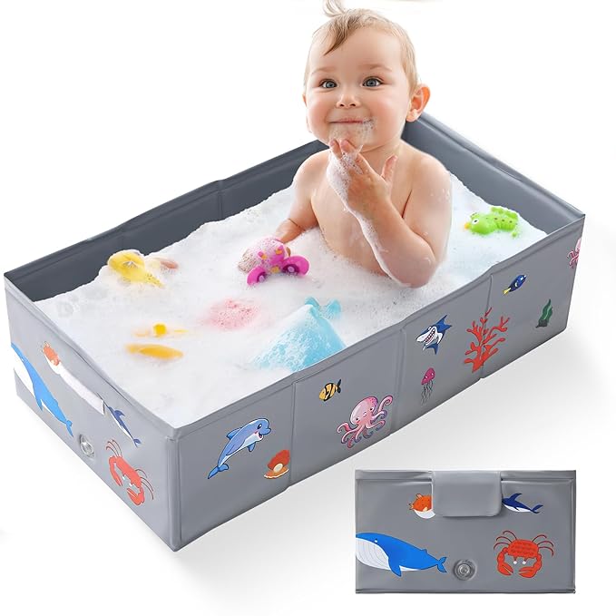 Collapsible Baby Bathtub, Portable Foldable Travel Baby Bath for Infant Toddler, Converts Shower to Tub, No Assembly Folds Flat for Storage, 6M-5 Years, Gray
