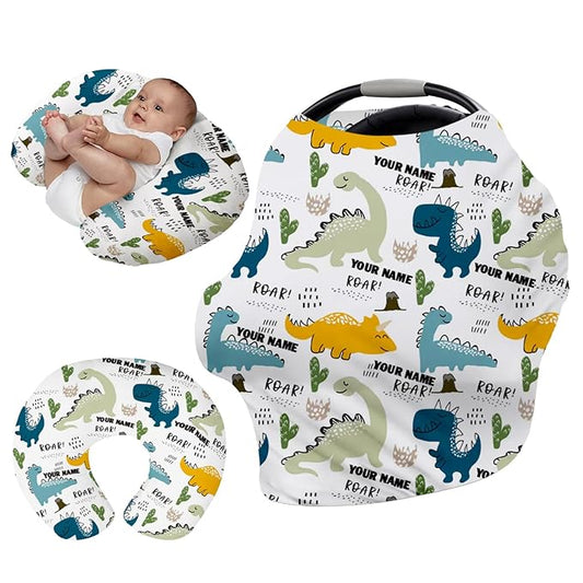 Personalised Car Seat Cover for Girls and Boys - 7 in 1 Multipurpose Breast Feeding Cover, Yellow Dinosaur Print Nursing Cover, Grocery Cart Cover - Birthday Gift for Babies(27"x29")