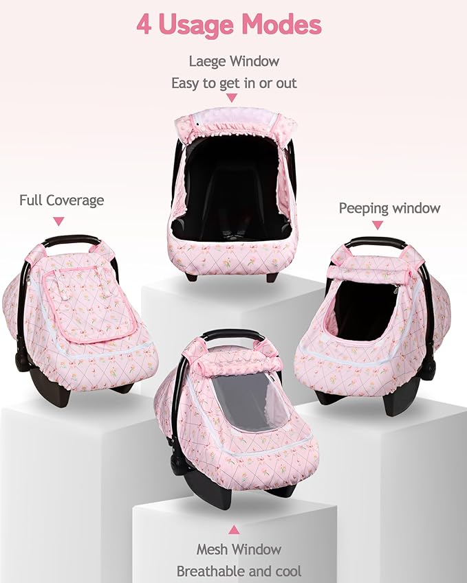 Car Seat Cover Baby Girls, Infant Carseat Covers with Mesh, Dual-Layer Protection for Summer Winter, Easy Access Newborn Canopy Breathable, Windproof & Fit Baby Stroller, Flower Bow