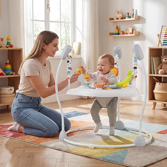 BABY JOY Baby Activity Center, Baby Jumpers and Bouncers with Music, 360° Rotating Seat, 3 Adjustable Heights, Montessori-Inspired Activity Center for Baby 7-15 Months (White)