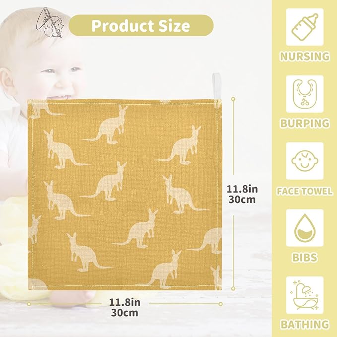 vvfelixl Baby Muslin Washcloths Kangaroo Australia Animals Baby Burp Cloths Cotton Baby Face Towel for Newborn Infants Boys Girls Soft and Absorbent 11.8 X 11.8 in, 3 Pack