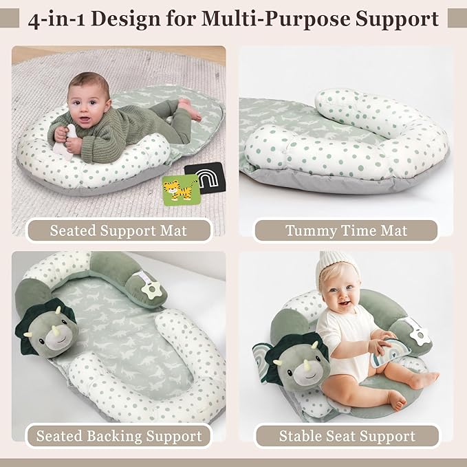 Foryoomi 4 in 1 Tummy Time Mat with Educational Cards, Play Mat & Sitting Support for Newborn 0-12 Months, Infant Baby Sit Me Up Floor Seat, Sensory Skills Gifts, Dinosaur