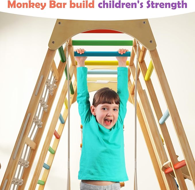 INFANS Indoor Jungle Gym, 8 in 1 Kids Montessori Indoor Playground Climbing Playset for Toddlers with Slide Swing Net Monkey Bars Rope Ladder, Wood Climber Toys for Boys Girls