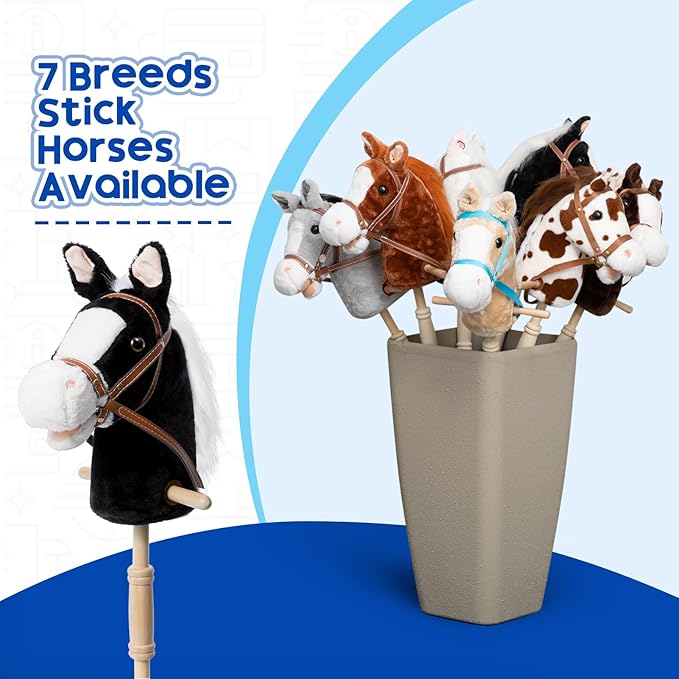 HollyHOME Stick Horse Plush Handcrafted Hobby Horse on a Stick with Wood Wheels Real Pony Neighing and Galloping Sounds for Kids Toddlers Black 36 Inches(AA Batteries Required)