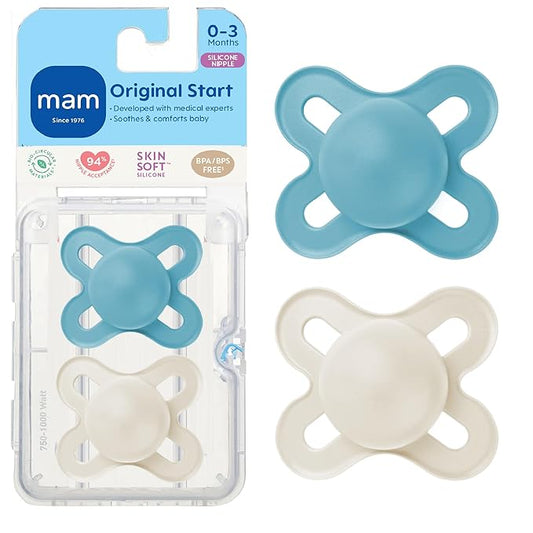 MAM Original Start Matte Baby Pacifiers 0-3 Months, BPA-Free Skin Soft Silicone Nipple, Developed with Medical Experts Specially for Smaller Newborn Mouths, Easy to Clean, 2 Pk with Sterilizer Case