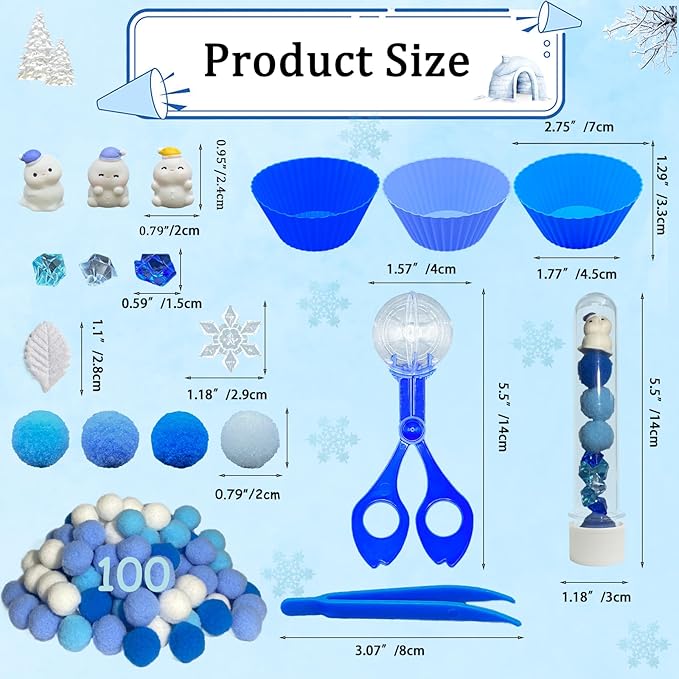 244pcs Winter Sensory Bin Filler Fine Motor Toys 2 Ways Counting Sorting with Sorting Bowls & Tubes Winter Sensory Bin Items 100 Pom Poms 45 Snowflakes 48 Ice Cubes 30 Leaves 6 Snowman