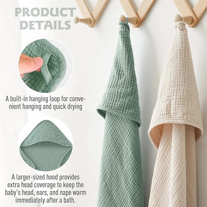 Cinaci 1pc Soft & Absorbent 100% Muslin Cotton Baby Hooded Bath Towel for Baby Girls Boys Newborns Infants Toddlers Kids (Green)