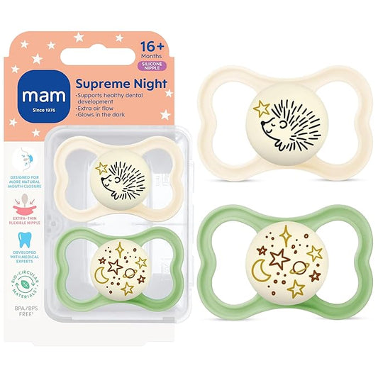 MAM Supreme Baby Pacifier, Newborns 16+ Months, Developed with Orthodontists, Extra Air Flow for Sensitive Skin, Glows in The Dark, BPA-Free Silicone, Sterilizer Case, Pack of 2, Made in Europe