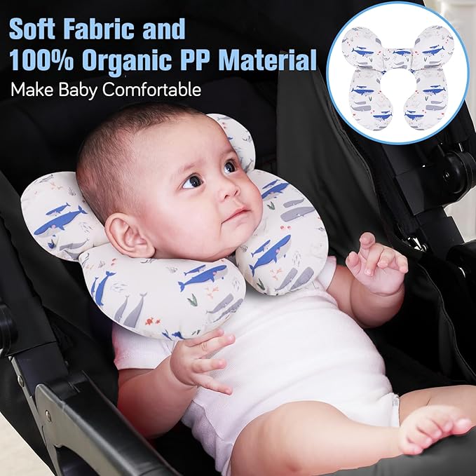 KAKIBLIN Baby Travel Pillow,Upgraded Baby Neck Pillows for Car Seat,Support Pillow,Infant Pillows for Head and Neck,Newborn Head Support for Car Seat,Stroller, Pushchair (Whale)