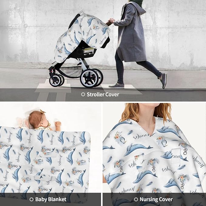 Personalized Baby Car Seat Canopy for Baby Girls, Custom Name Ocean Baby Car Seat Covers for Babies, Opening Minky Nursing Breastfeeding Cover for Infant, Carseat Canopies for Newborn