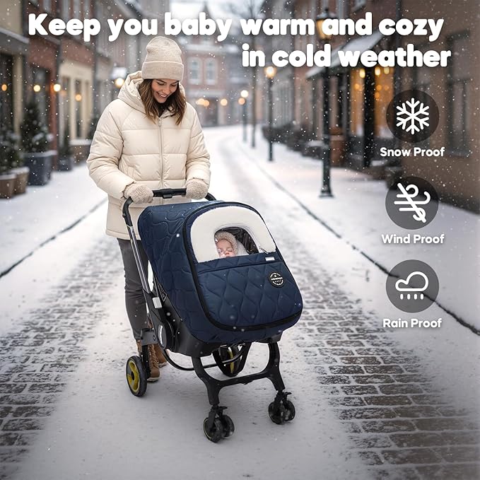 Winter Baby Car Seat Cover, Waterproof, Windproof Warm Winter Car Seat Cover for Doona Car Seats and Strollers,Fleece Breathable Car Seat Cover Baby with Full Zipper, Navy
