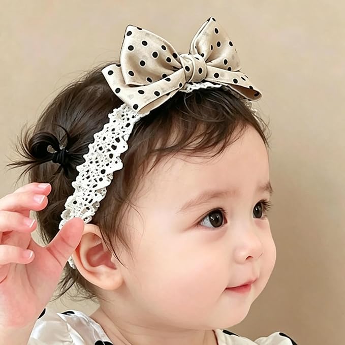Baby Girls Hairbands Bow Lace Headband Handmade Soft Stretchy Pink Bowknot Hairbands Newborn Hairband with Bows Elastic Hair Bands for Kids Infant(Black and Ehite Polka Dot Bow