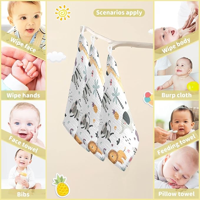 Cute Exotic Animals Burp Cloths for Boys Girls, Monkey Elephant Baby Muslin Washcloths Cartoon Lion Giraffe Zebra Soft Absorbent Face Bath Towel Kids Wash Cloth 12x12 Inch, 3 Pack