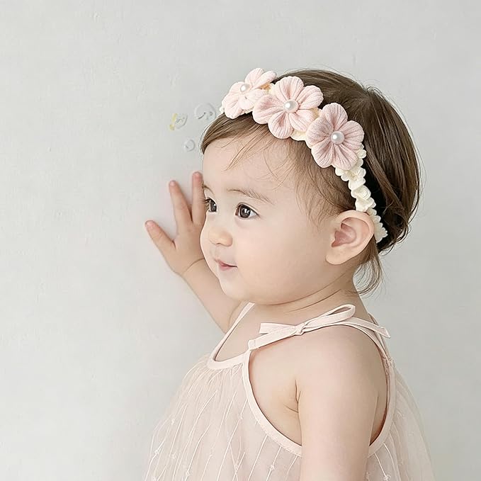 Handmade Baby Girl Headbands in Beige and Pink Lace Flowers for Newborns and Toddlers Cute Baby Girl Flowers and Newborn Headbands (Pink flowers, One Size)