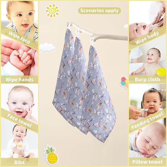 Baby Washcloths Cotton Dragonfly Baby Muslin Washcloths Soft Baby Face Towel for Newborn Infants Baby Wipes, 11.8 X 11.8 Inch, 5 Pack Lilac