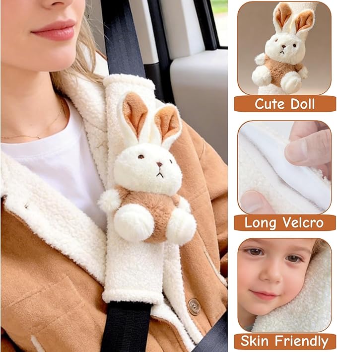 2 PCS Seat Belt Cover Pad, Cute Kawaii Animal Bunny Seatbelt Covers for Kids and Adults, Winter Plush Fluffy Soft Seat Belt Cover, Cartoon Seatbelt Cushion,Car Seat Strap Pads (D-Bunny)