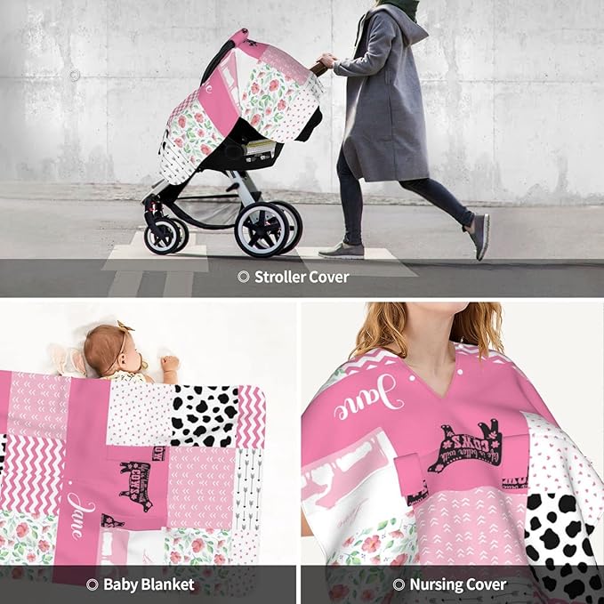 Personalized Floral Cow Baby Car Seat Canopy for Babies with Name, Custom Pink Baby Car Seat Covers for Girls, Opening Minky Nursing Breastfeeding Cover Infant Carseat Canopies for Newborn