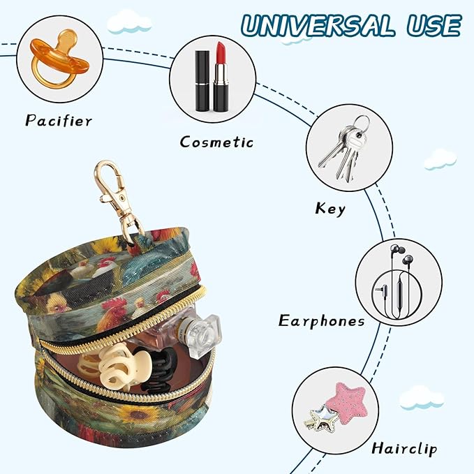 Pacifier Holder with Clip Pacifier Case for Diaper Bag Round Baby Pacifier Pouch Box Bag Portable Roosters Vintage Sunflower