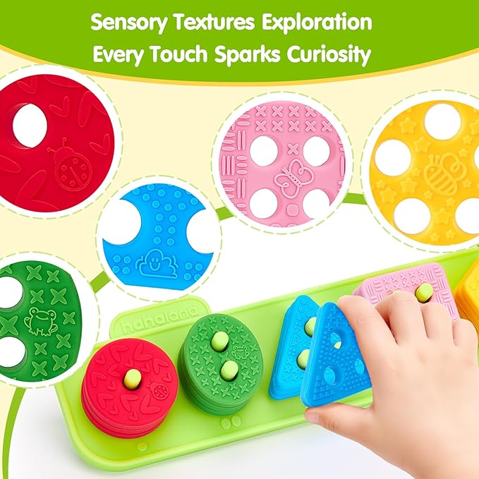 hahaland Silicone Sorting & Stacking Toys Toddlers 1-3 - Montessori Sensory Toys for 1 Year Old, Textured Soft Blocks for Shape & Color Sorting Learning Baby Toys 1 Year Old Boy Gifts Girl Sorter Toy