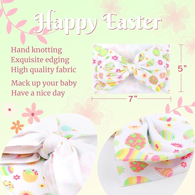 7” Easter Baby Girls Bows Pink White Eggs Bunny Headbands for Newborn Infant Girls Elastic Tied Hairbands Hair Bows Easter Hair Accessories for Gift