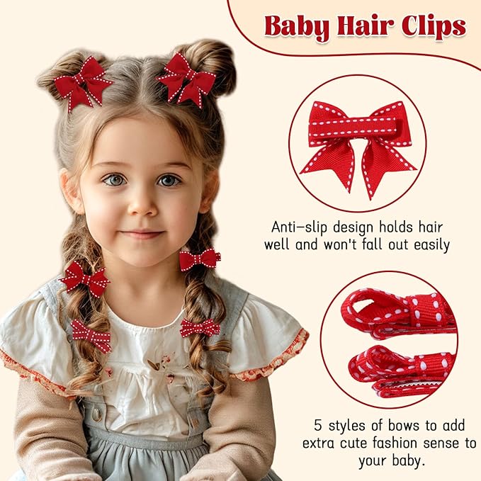YHXX YLEN Hair Bows for Girls 10 PCS Fully Lined Red Snap Hair Clips Tiny 2" Grosgrain Stitch Edge Alligator Clips for Baby Girls Infants Toddlers in Pairs