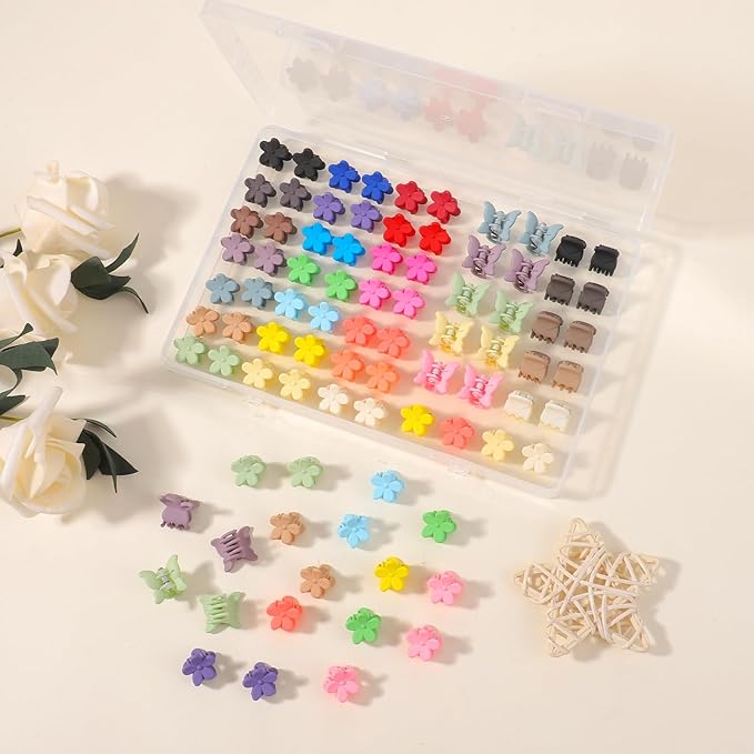 choicbaby 128pcs Baby Girls Hair Clips 3 Styles Mini Claw Clips Small Flower Butterfly Claw Jaw Hair Clips Hair Barrettes Accessories for Women Girls Kids Teens with Organizer Box