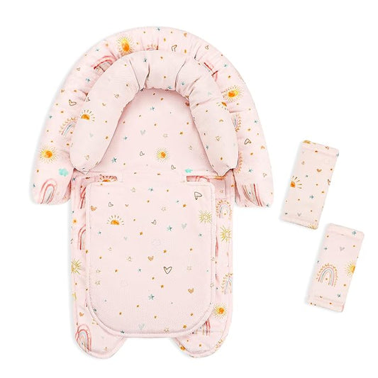 2-in-1 Infant Car Seat Insert, Upgraded Newborn Carseat Insert, Breathable & Soft Baby Car Seat Head Support with 2 Strap Covers for Girls, Perfect for Carseat, Stroller, Swing, Pink