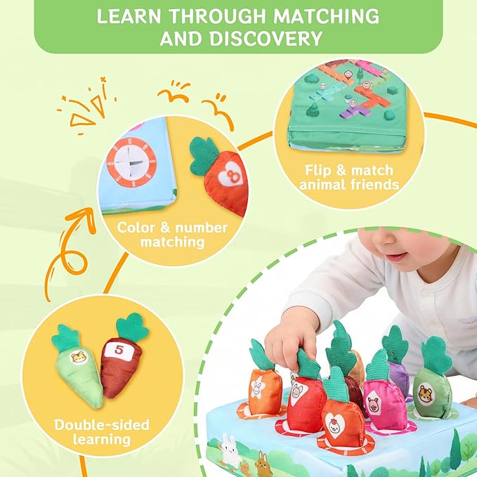 Montessori Toys for 1 Year Old, 10 PCS Plush Carrot Play Kit with Color Shape Number Matching, Pull-Out Soft Baby Sensory Toy Fine Motor Skills Toddler Learning Toys for 6-12 Months Boys Girls Gifts