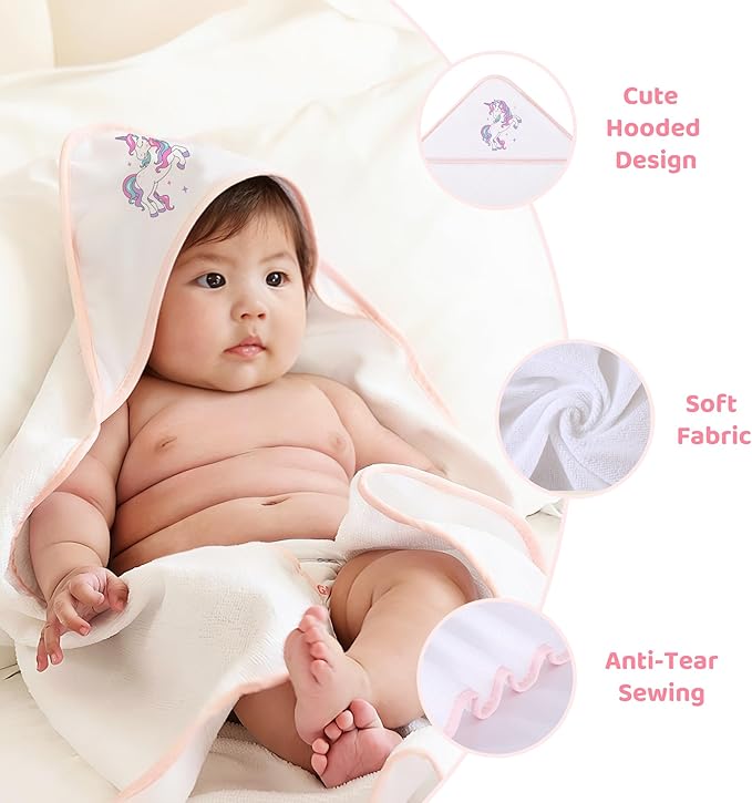 Mooreeke Baby Towel with Hood for Girls Purple Unicorn Bath Towel for Babies Ultra Soft Absorbent 3 PCS Baby Towels and 3 PCS Washcloths for Newborn Essentials