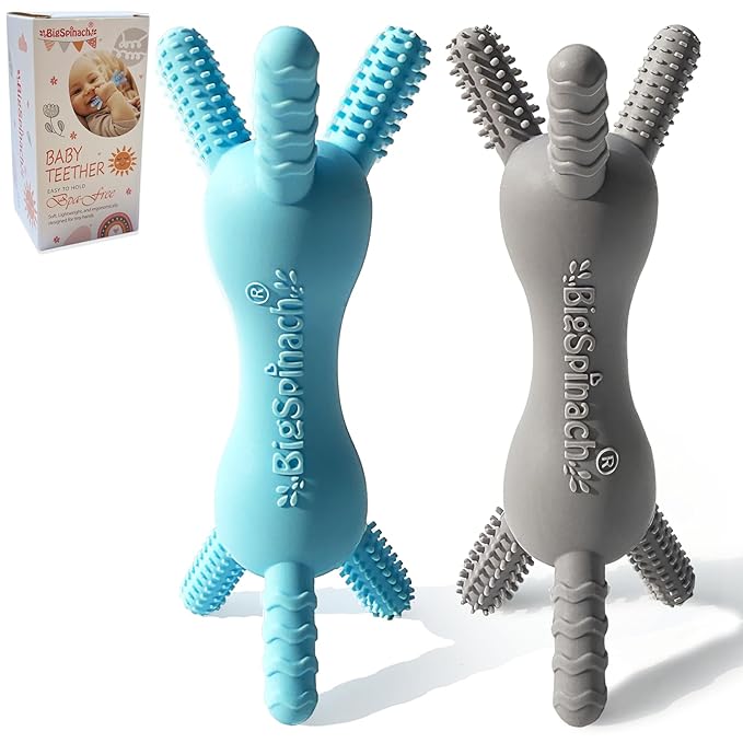 BIGSPINACH 3D Baby Teether, BPA-Free Multi-Texture Silicone Teething Stick Toy,360-Degree Textured Design, Easy-Grip Design for Infants and Toddlers (Grey, 3D)