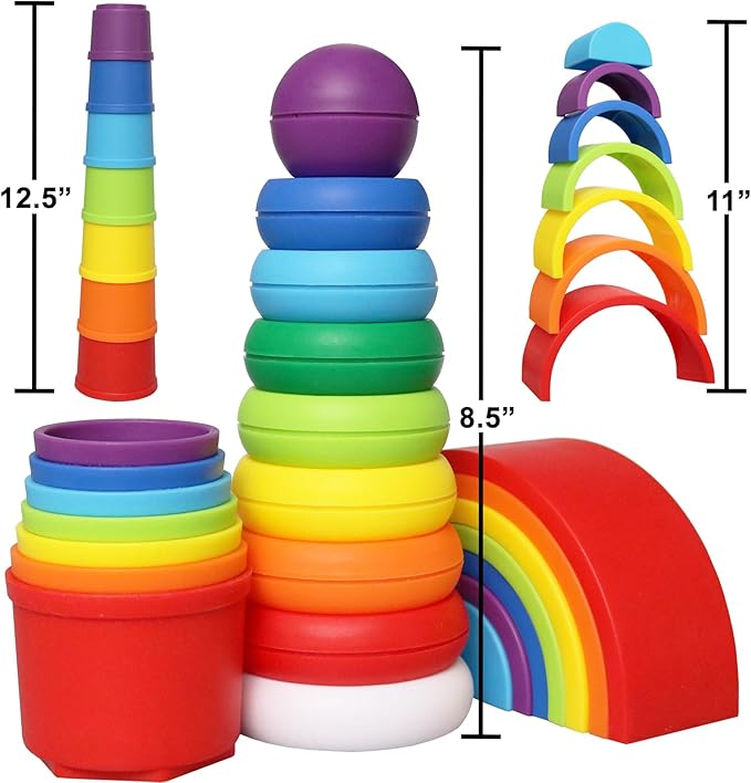 Kiddie Play Stacking Toys for Toddlers | Set of 3 Baby Toys Stacking Cups Stacking Rings and Rainbow Stacker