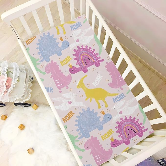 Fitted Crib Sheets Pink Cute Dinosaurs Stretchy Portable Playard Sheets for Baby Toddler, Breathable Soft Mini Crib Mattress 39 x 27 in for Boys and Girls