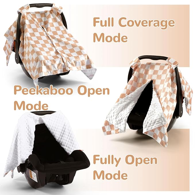 AceOrbit Khaki Checkered Car Seat Cover Baby Boy Girl, Minky Warm Winter Carseat Covers with Opening Soft for Newborn Infant Boys Winter Stroller, Nursing Cover Canopy Gift