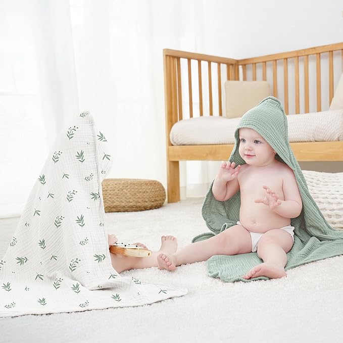 Susurration 2 Pack Thick Muslin Baby Towels, 100% Cotton Soft and Absorbent Baby Bath Hooded Towel for Newborn, Infant, Girls, Boys, Baby Essentials