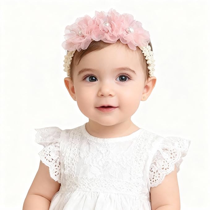 Handmade Baby Girl Headbands in Beige and Pink Lace Flowers for Newborns and Toddlers Cute Baby Girl Flowers and Newborn Headbands (Pink Lace Pearl Flowers, One Size)