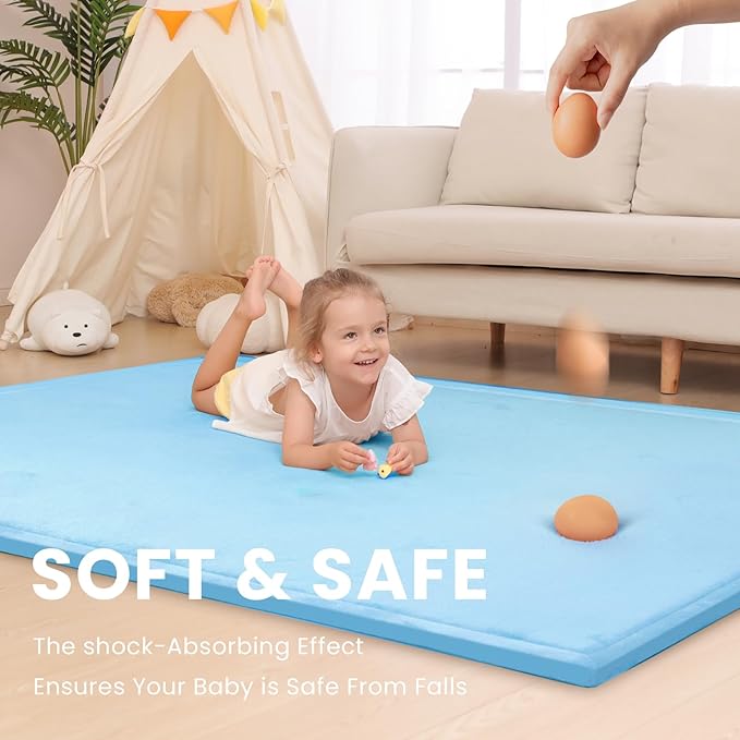 Extra Large 79"x118" Baby Activity Play Mat for Floor, 1.3" Thick Elasti Foam for Tummy Time & Crawling, Non-Slip Nursery Rug for Infants, Toddlers & Kids, Tatami Style Mat for Yoga, Living Room, Classroom & Playroom(Light Blue)