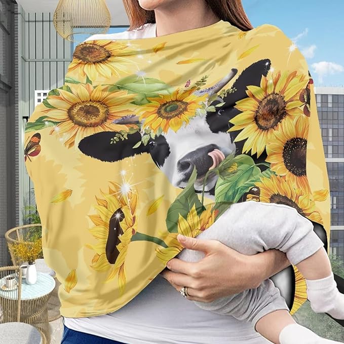 LedBack Highland Cow Baby Car Seat Cover Cow Car Seat Covers for Babies Sunflower Baby Stuff Nursing Cover Breastfeeding Cover,Soft Breathable Baby Carseat Canopy
